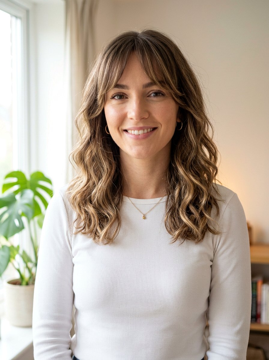 Wavy Shoulder Length Hair With Curtain Bangs - 20 office hairstyle for women with bangs - 20 office hairstyle for women with bangs