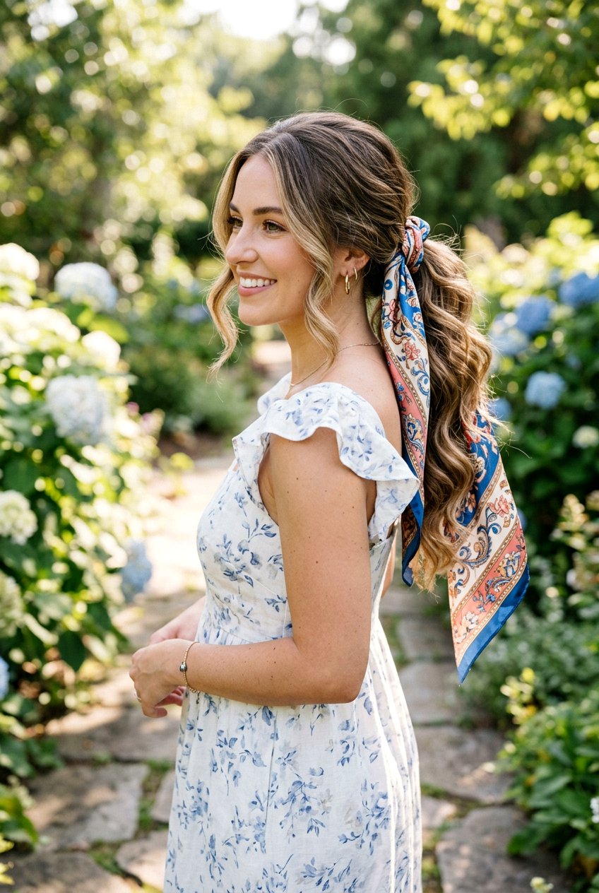 Wavy Side Ponytail With Satin Scarf Ribbon - 20 side ponytail with ribbon - 20 side ponytail with ribbon