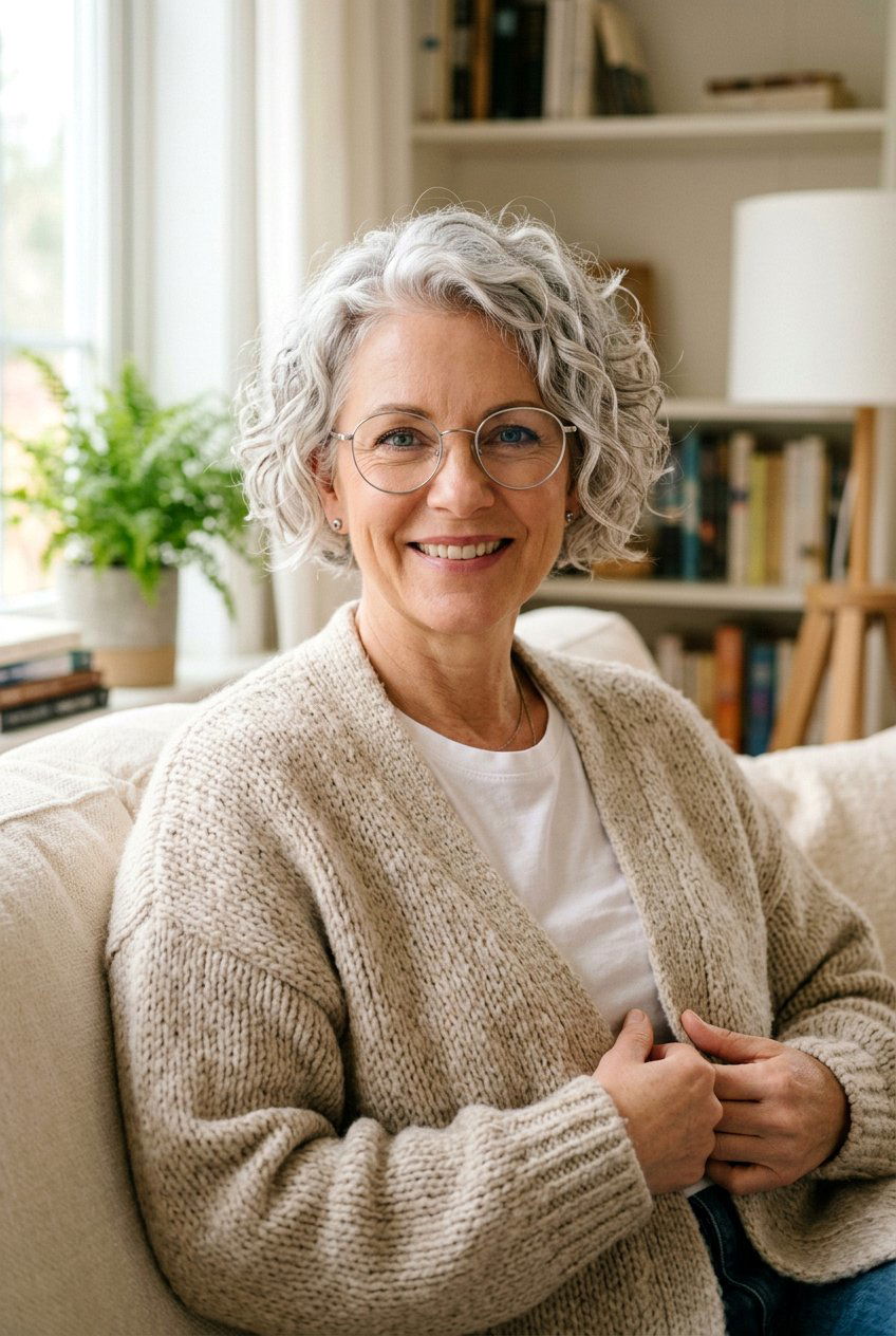 Wavy Silver Pixie Bob - 20 gray hairstyles for women with glasses - 20 gray hairstyles for women with glasses