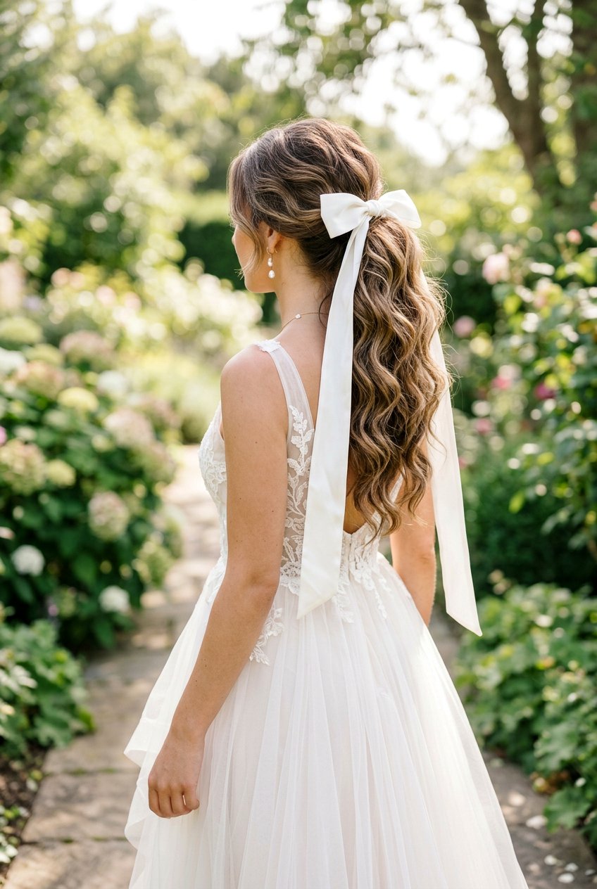 Wavy Textured Ponytail With Ribbon - 20 bridal hairstyle with textured ponytail - 20 bridal hairstyle with textured ponytail
