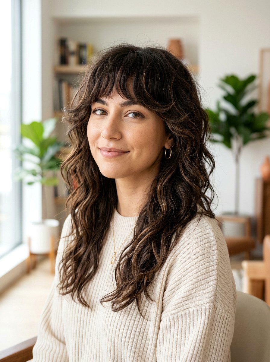 Wavy Wolf Cut With Dark Brunette Dimension - 20 wavy wolf cut for medium hair - 20 wavy wolf cut for medium hair