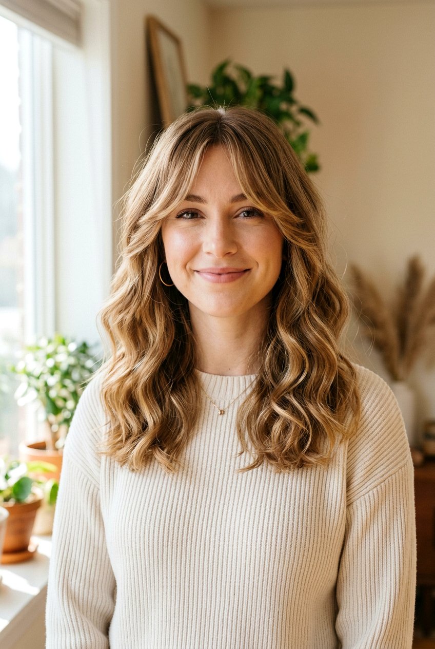 Wavy shoulder length hair with curtain bangs - 20 shoulder length haircuts with bangs - 20 shoulder length haircuts with bangs
