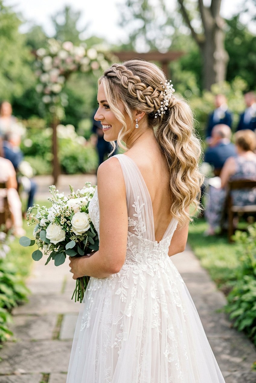 Wedding Ponytail With Braided Crown And Waves - 20 wedding ponytail with waves - 20 wedding ponytail with waves