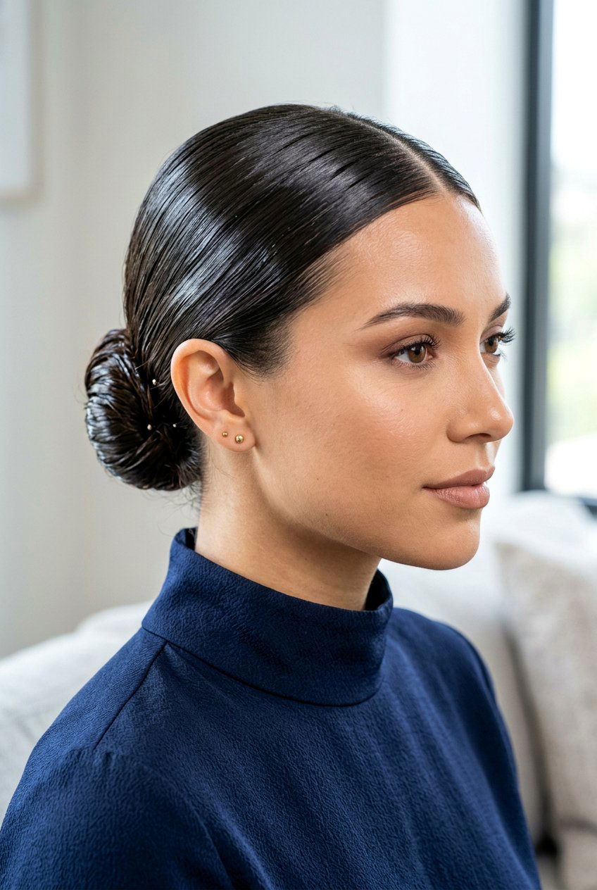 Wet Look Bun - 20 professional low bun with middle part - 20 professional low bun with middle part