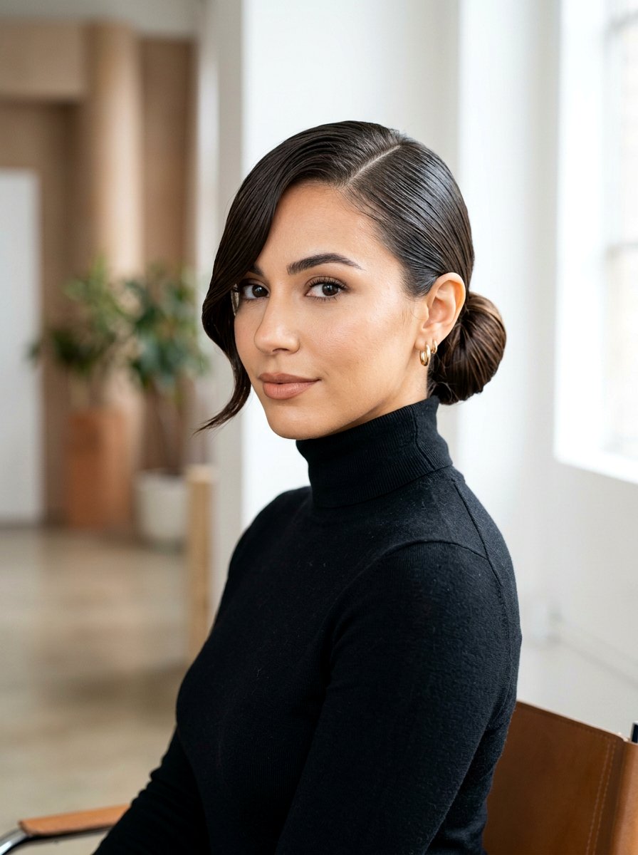 Wet Look Bun With Side Part - 20 wet look bun hairstyle - 20 wet look bun hairstyle