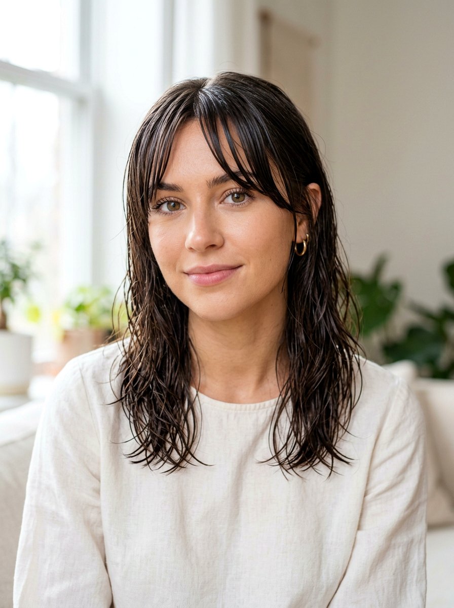 Wet Look Curtain Bangs - 20 runway wet look hairstyle - 20 runway wet look hairstyle