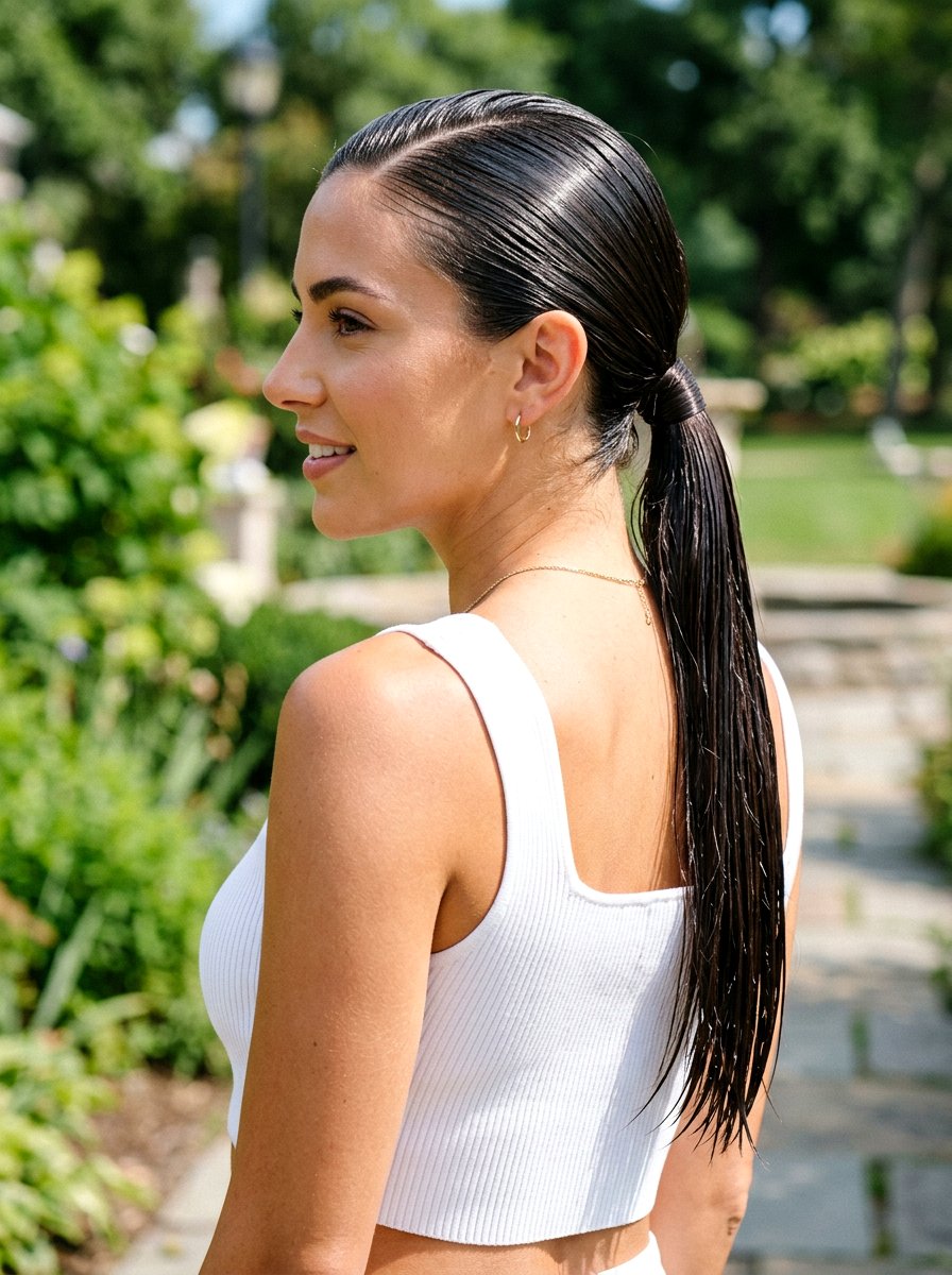Wet Look Glossy Straight Ponytail - 20 glossy straight ponytail hairstyle - 20 glossy straight ponytail hairstyle