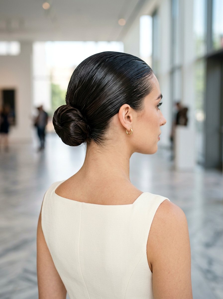 Wet Look Low Bun - 20 runway wet look hairstyle - 20 runway wet look hairstyle