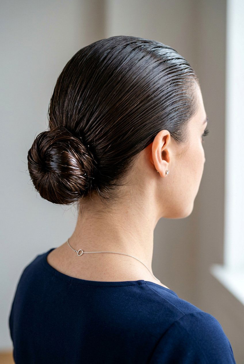 Wet Look Scraped Back Bun - 20 editorial slick bun hairstyle - 20 editorial slick bun hairstyle