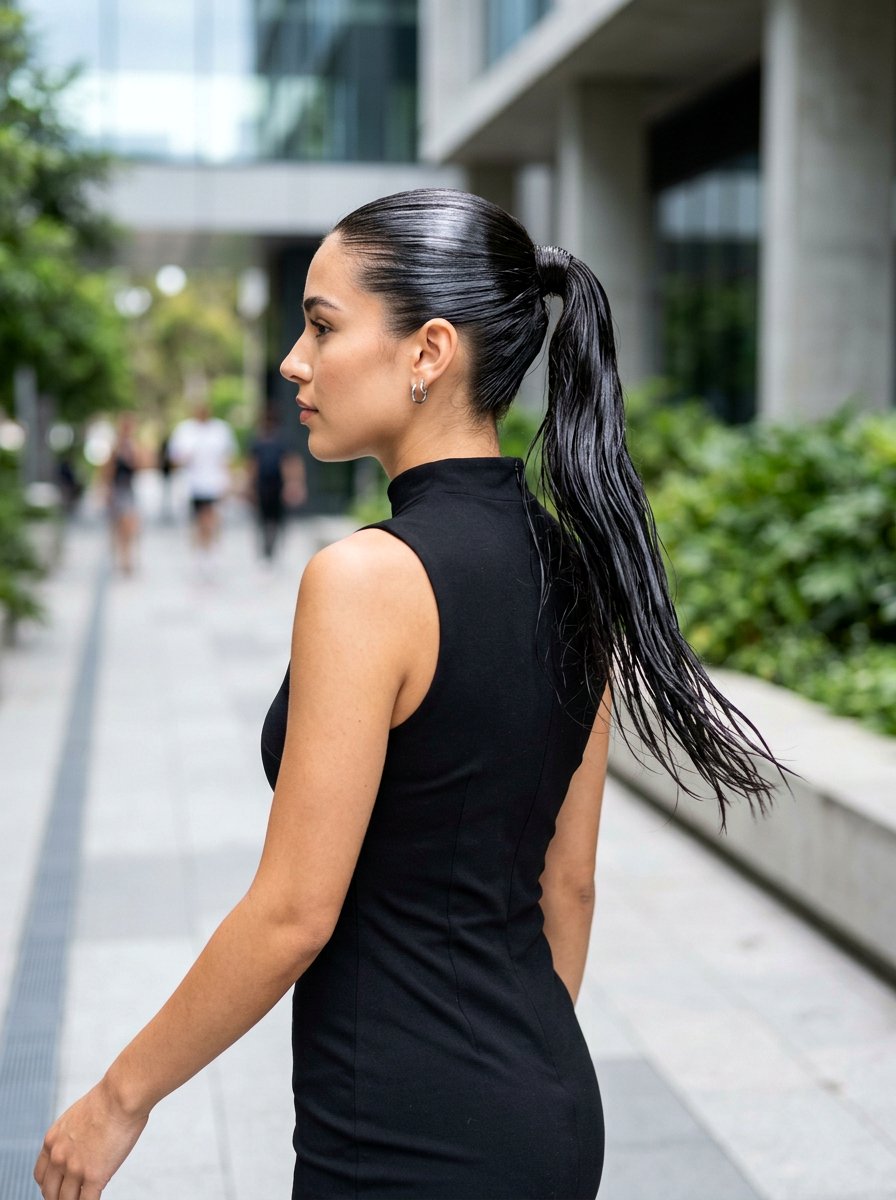 Wet Look Slick Track Ponytail - 20 track hairstyle with slick ponytail - 20 track hairstyle with slick ponytail
