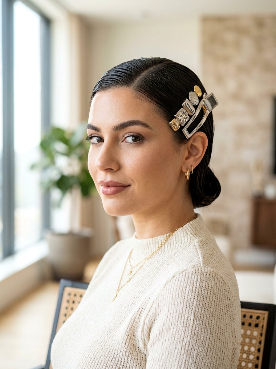 Wet Look Slicked Hair With Hair Accessories - 20 runway wet look hairstyle - 20 runway wet look hairstyle