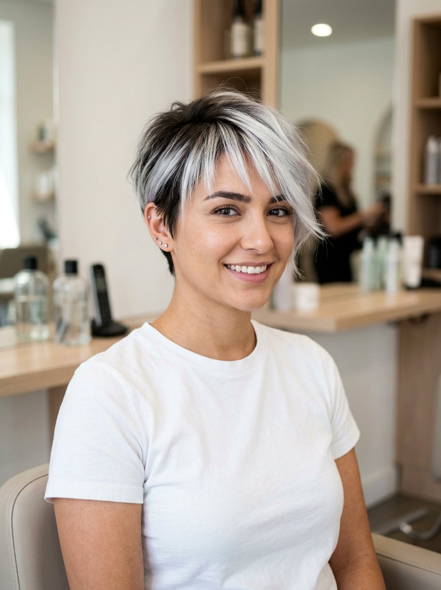 White Silver Money Piece on Pixie Cut - 20 silver money piece for gray transition - 20 silver money piece for gray transition