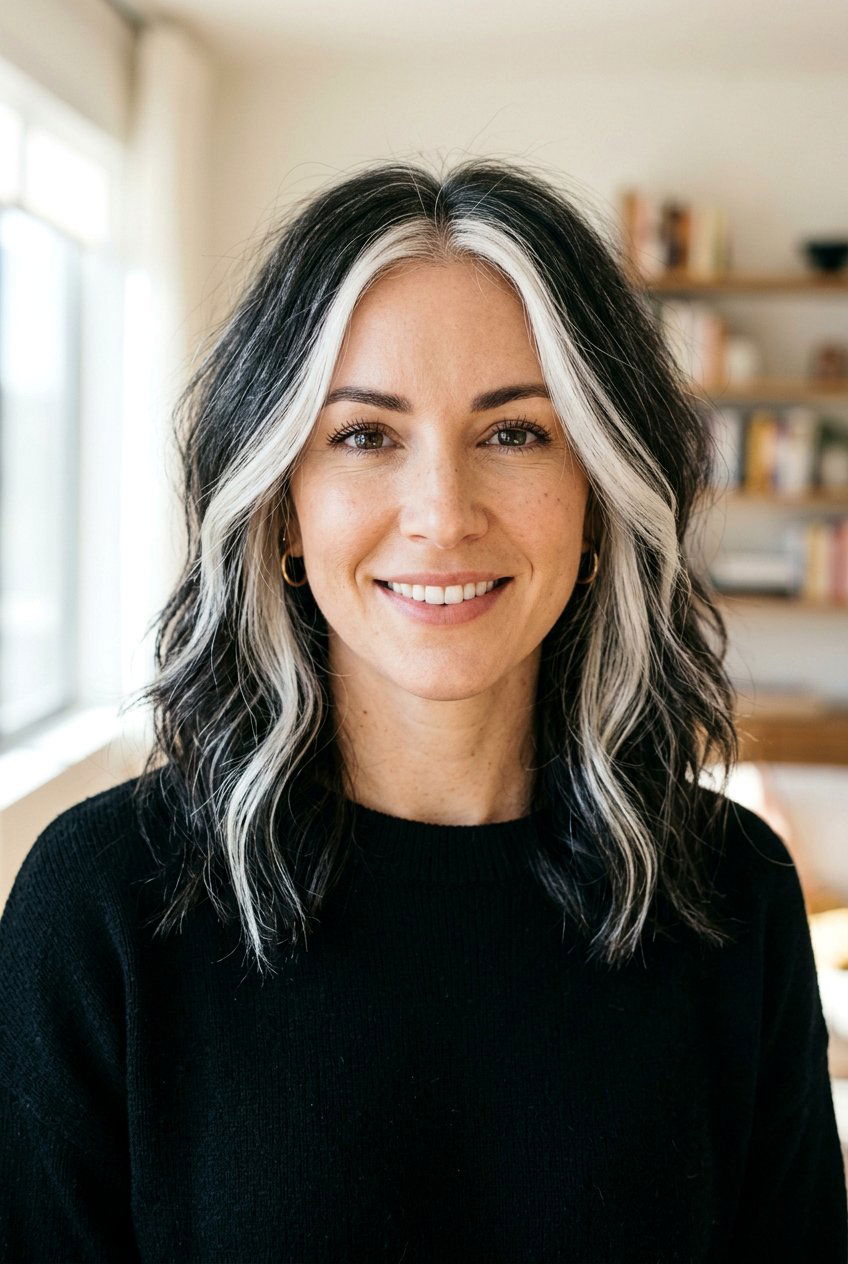 White streaks in dark hair - 20 salt and pepper hair color ideas - 20 salt and pepper hair color ideas