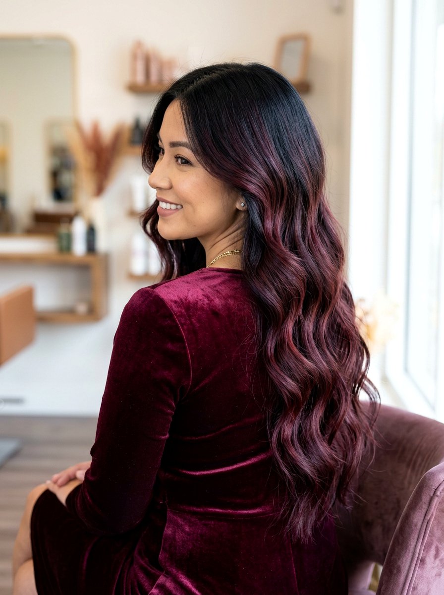 Wine Purple Balayage on Black Hair - 20 purple balayage with black roots - 20 purple balayage with black roots