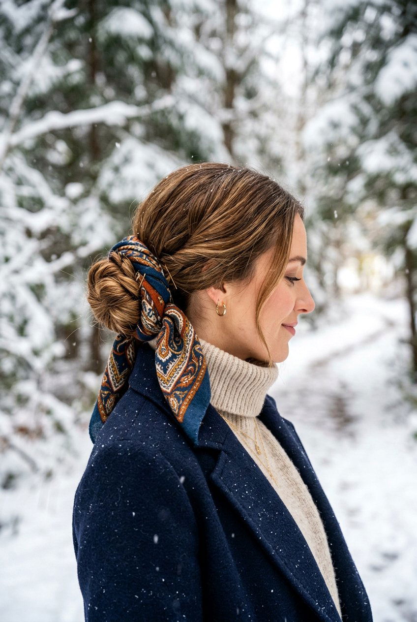 Winter Low Bun With Scarf - 20 winter hairstyles for women - 20 winter hairstyles for women