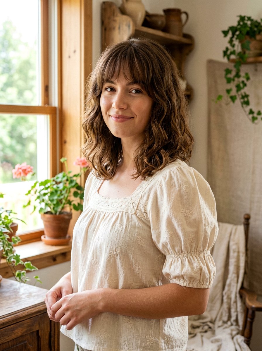 Wispy Bangs Wavy Lob Cottagecore Haircut - 20 cottagecore haircut ideas - 20 cottagecore haircut ideas