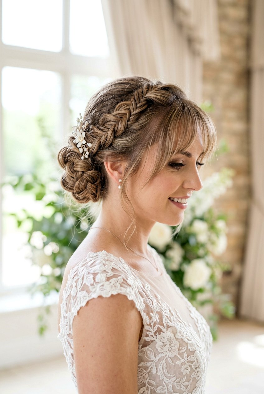 Wispy Bangs With Braided Updo - 20 bridal hairstyle for women with bangs - 20 bridal hairstyle for women with bangs