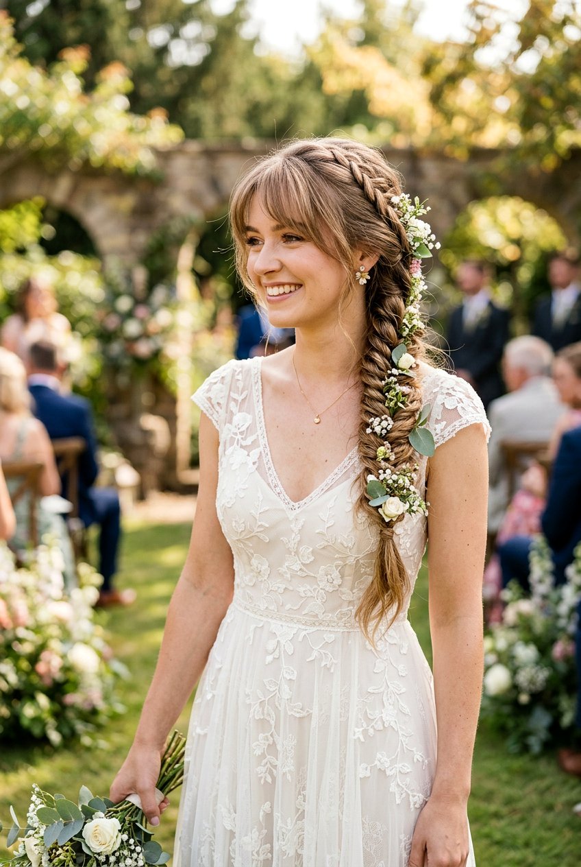 Wispy Bangs With Fishtail Braid - 20 bridal hairstyle for women with bangs - 20 bridal hairstyle for women with bangs