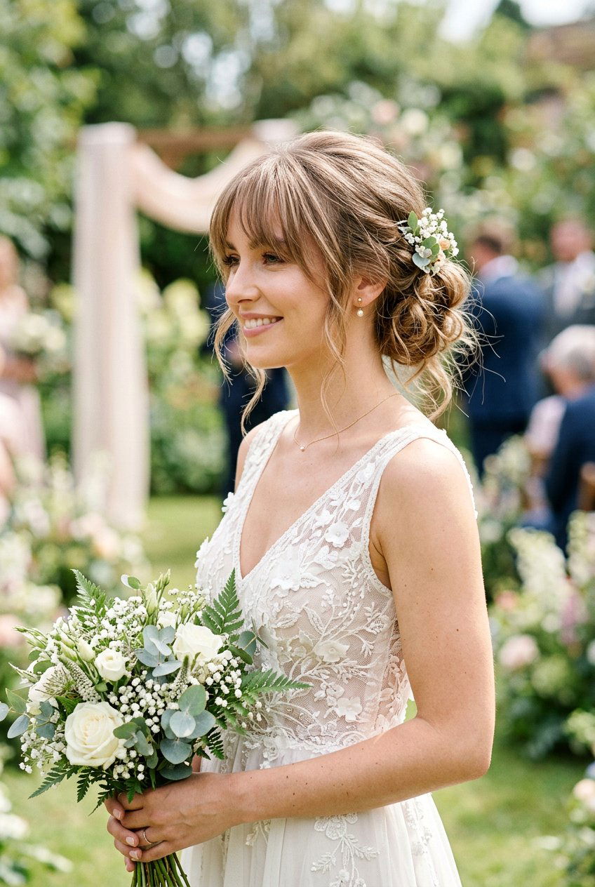 Wispy Bangs With Messy Updo - 20 bridal hairstyle for women with bangs - 20 bridal hairstyle for women with bangs