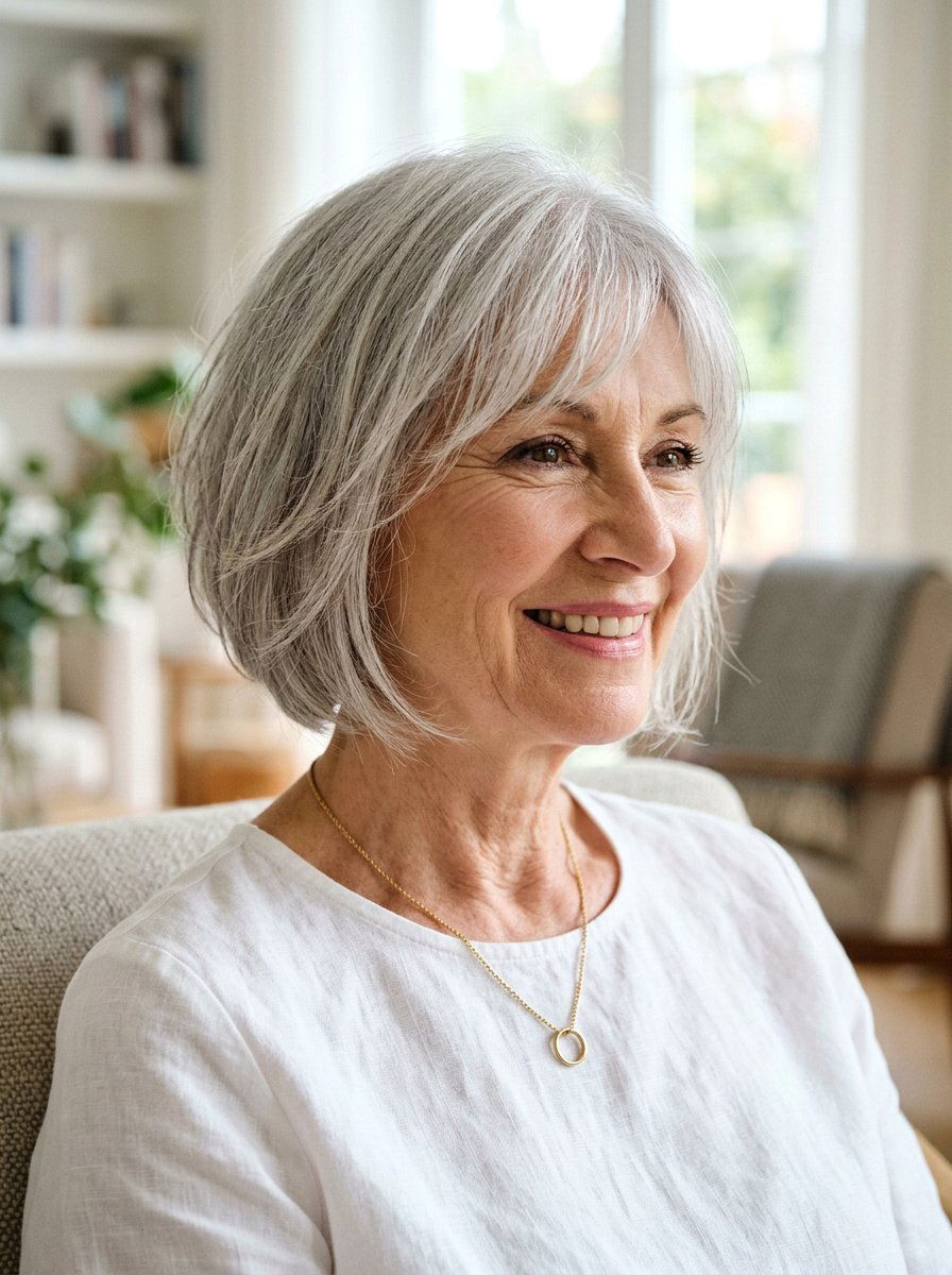 Wispy Feathered Face Frame - 20 silver feathered haircut for older women - 20 silver feathered haircut for older women