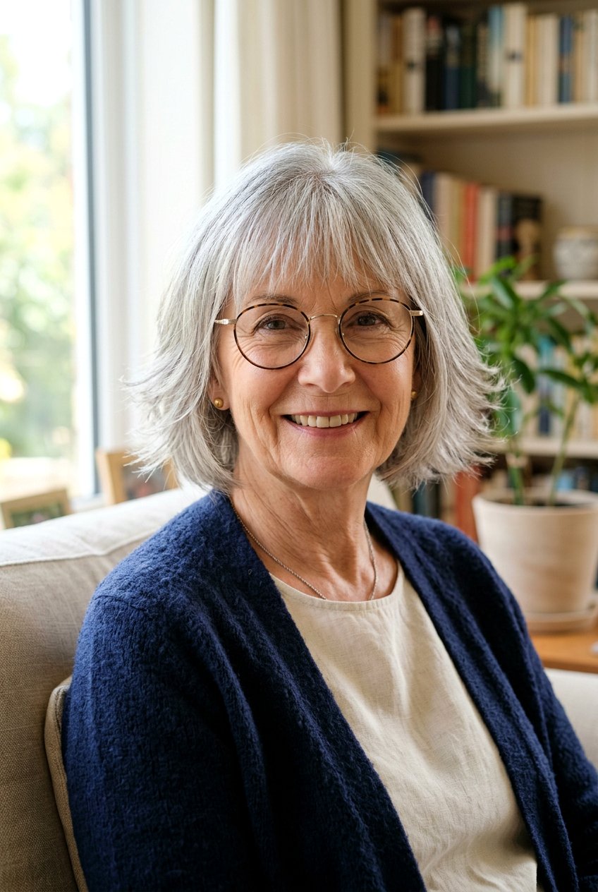 Wispy Fringe Bob - 20 hairstyles for women over 60 with glasses - 20 hairstyles for women over 60 with glasses