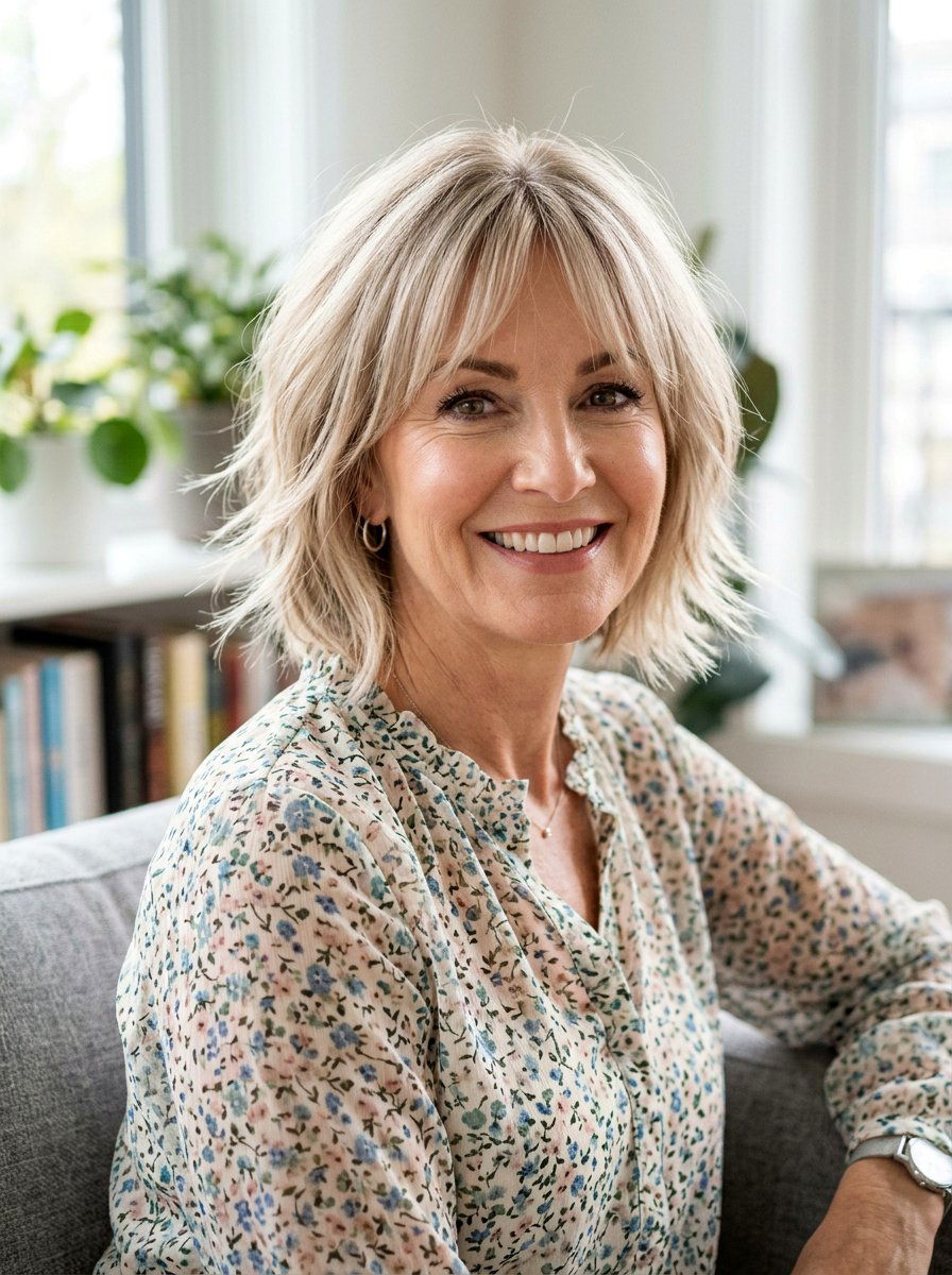 Wispy Layered Bob - 20 layered bob with curtain bangs for women over 50 - 20 layered bob with curtain bangs for women over 50