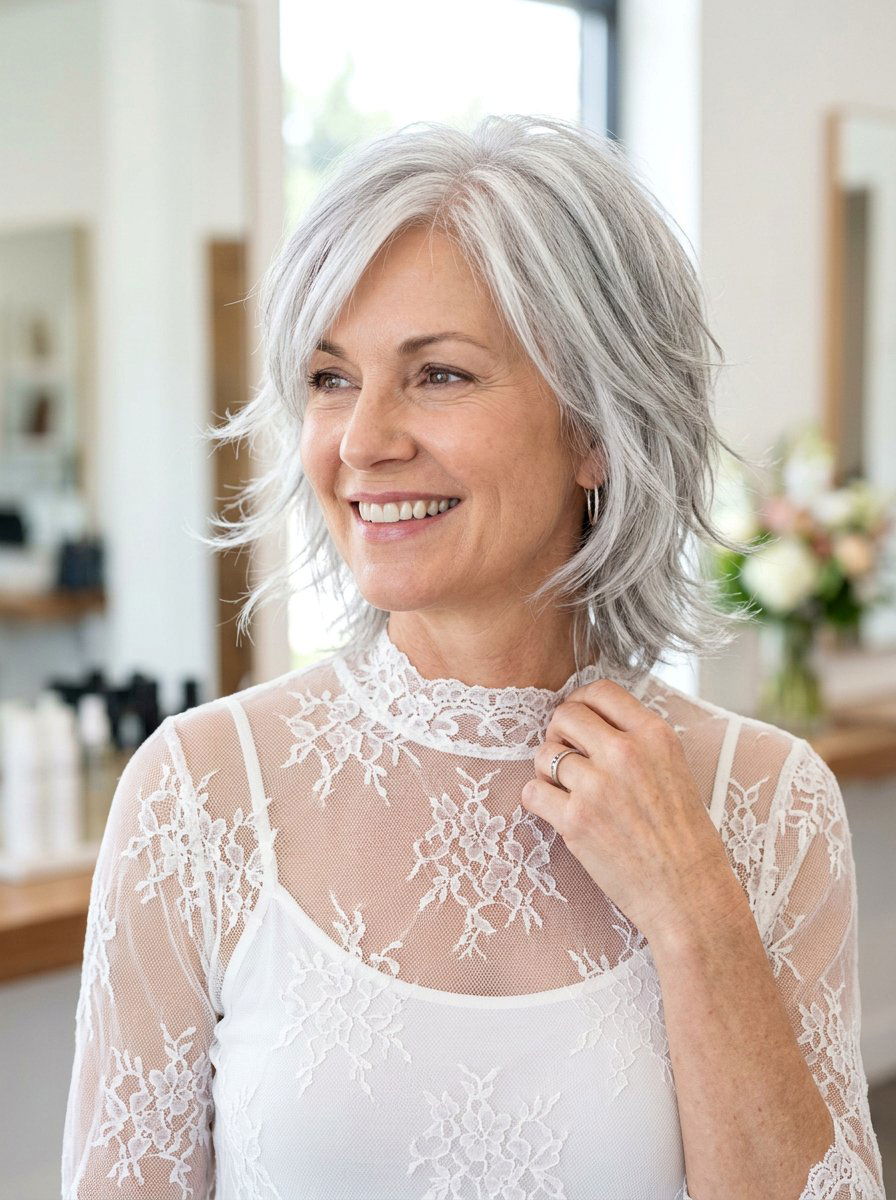 Wispy silver layers - 20 shoulder length gray layered haircut - 20 shoulder length gray layered haircut