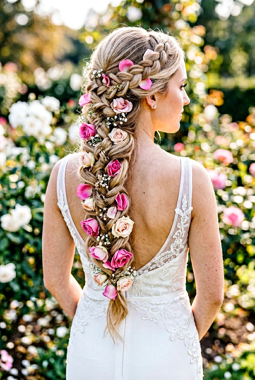 Woven Rose Braid With Fresh Petal Details - 20 floral bridal braid hairstyle - 20 floral bridal braid hairstyle