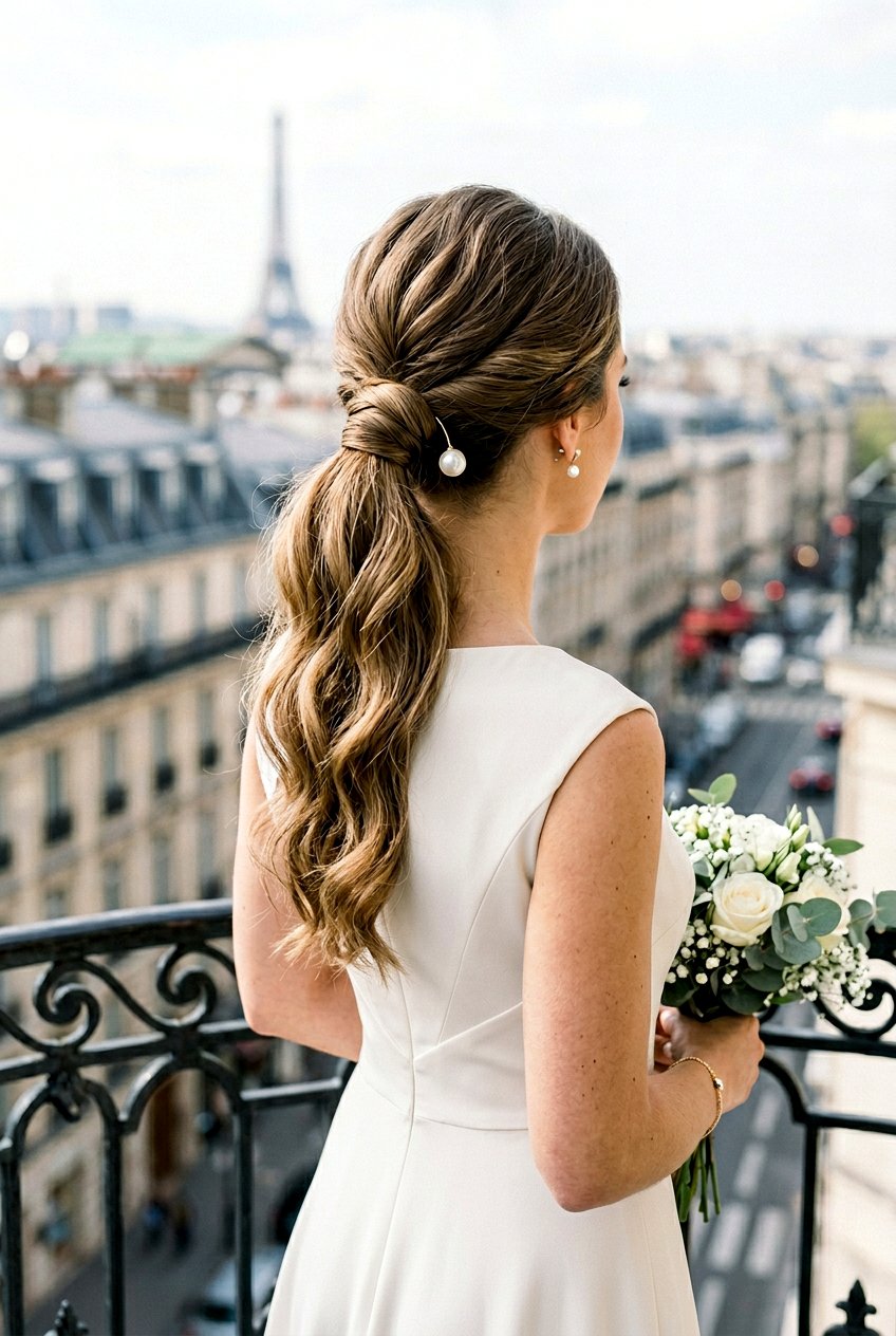 Wrapped Base Bridal Ponytail - 20 bridal ponytail with pearl pins - 20 bridal ponytail with pearl pins