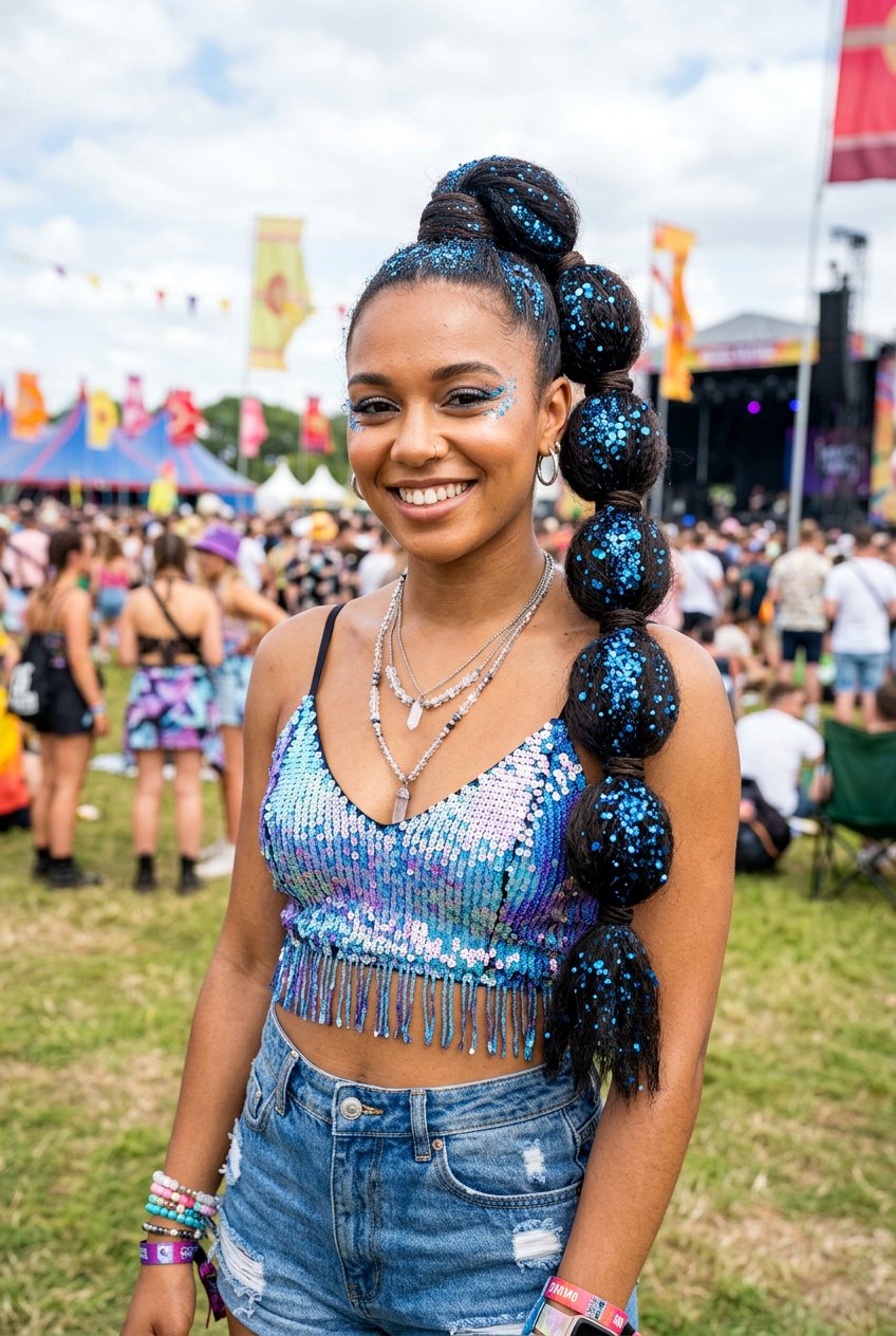 Wrapped Bubble Ponytail With Chunky Glitter - 20 festival braid ponytail with glitter - 20 festival braid ponytail with glitter