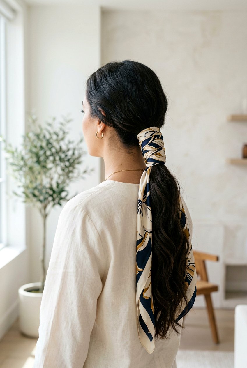 Wrapped Ponytail With Long Scarf Ends - 20 scarf ponytail hairstyle - 20 scarf ponytail hairstyle