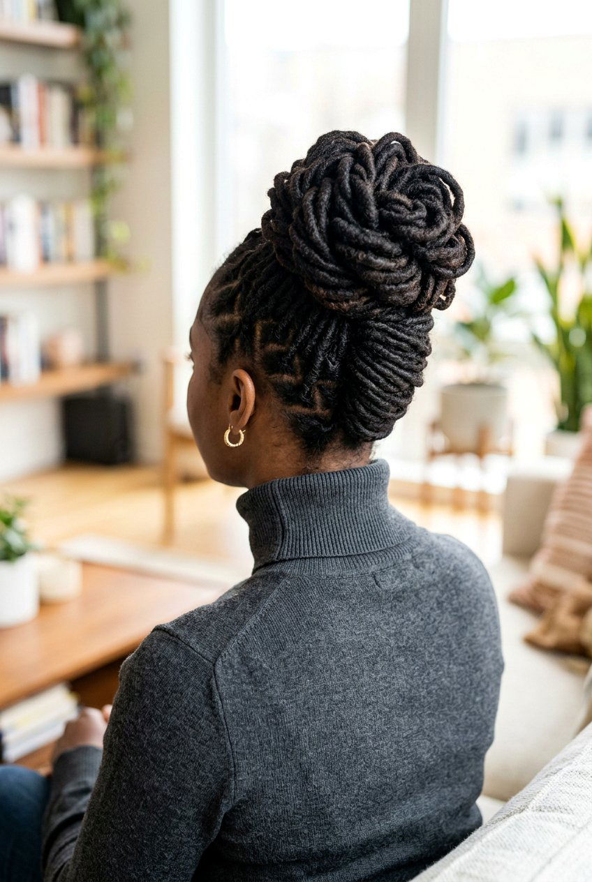 Wrapped loc petal bun - 20 loc petal bun hairstyle - 20 loc petal bun hairstyle