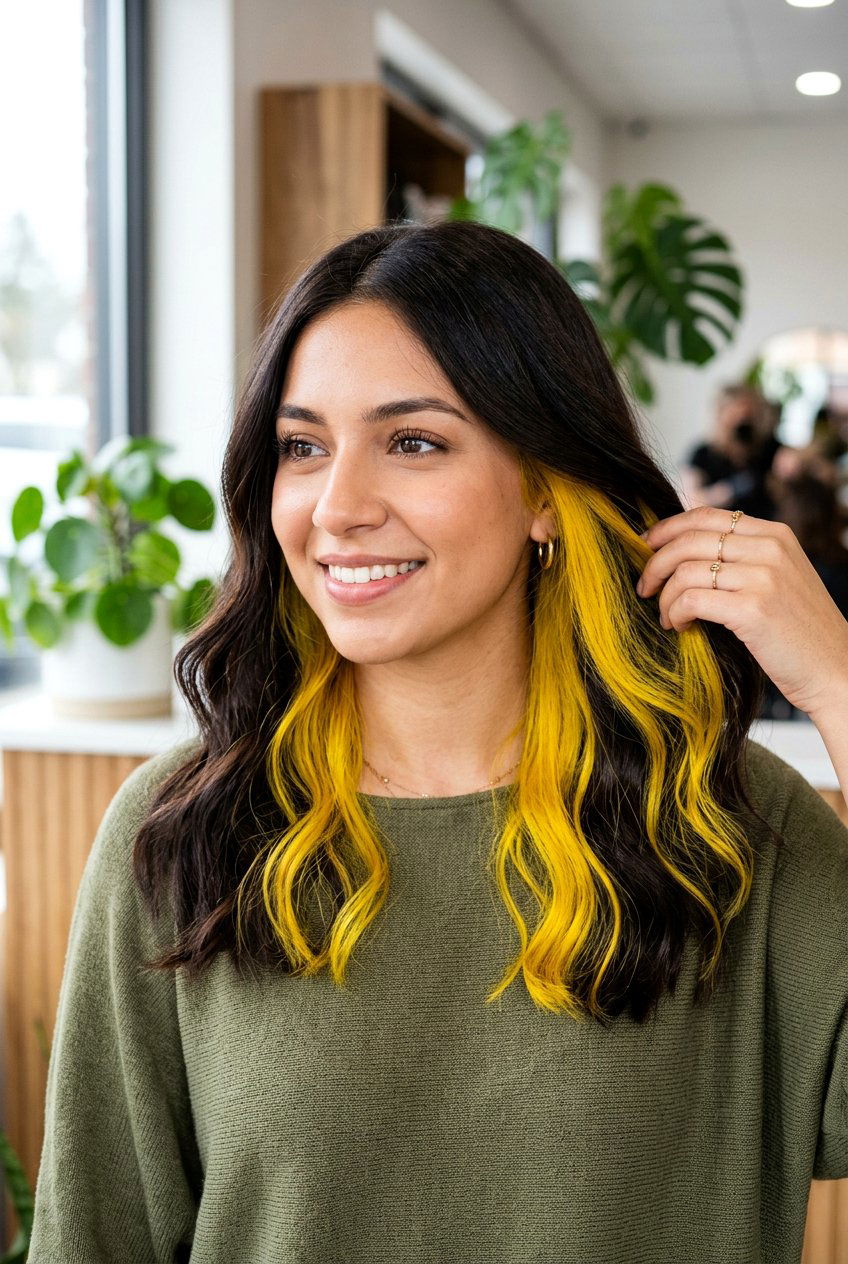 Yellow peekaboo on dark hair - 20 peekaboo hair color - 20 peekaboo hair color