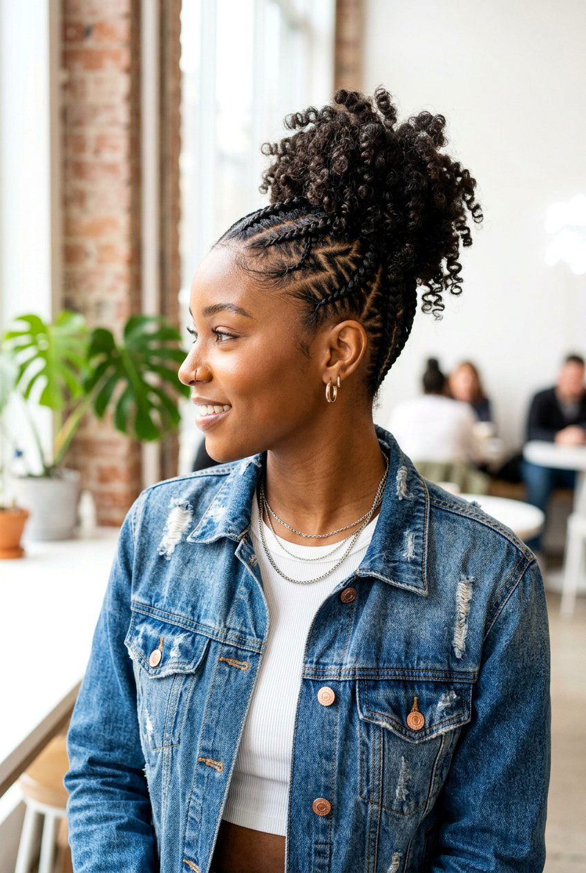 Zig Zag Braids Curly Bun - 20 feed in braids with curly bun - 20 feed in braids with curly bun