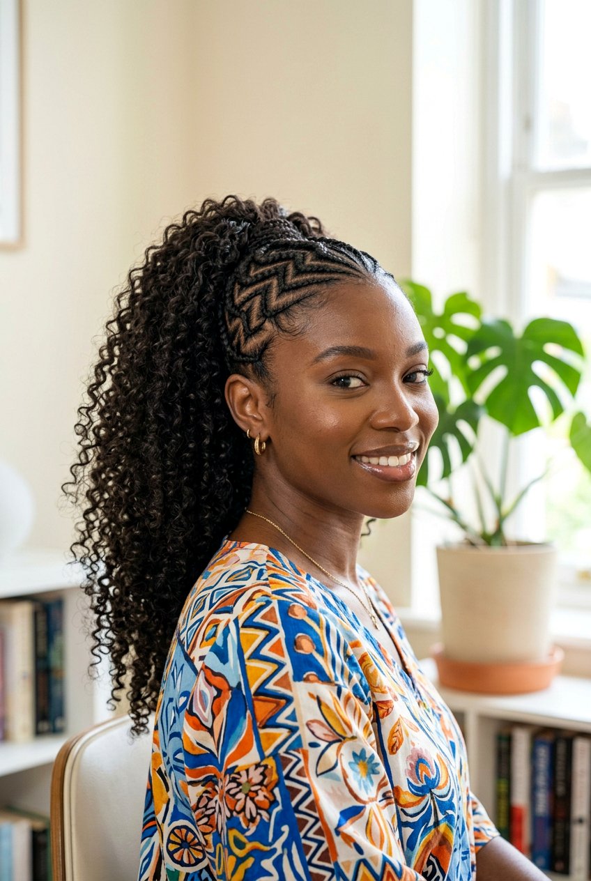 Zig Zag Cornrows With Curly Ponytail - 20 cornrows with curly ponytail - 20 cornrows with curly ponytail