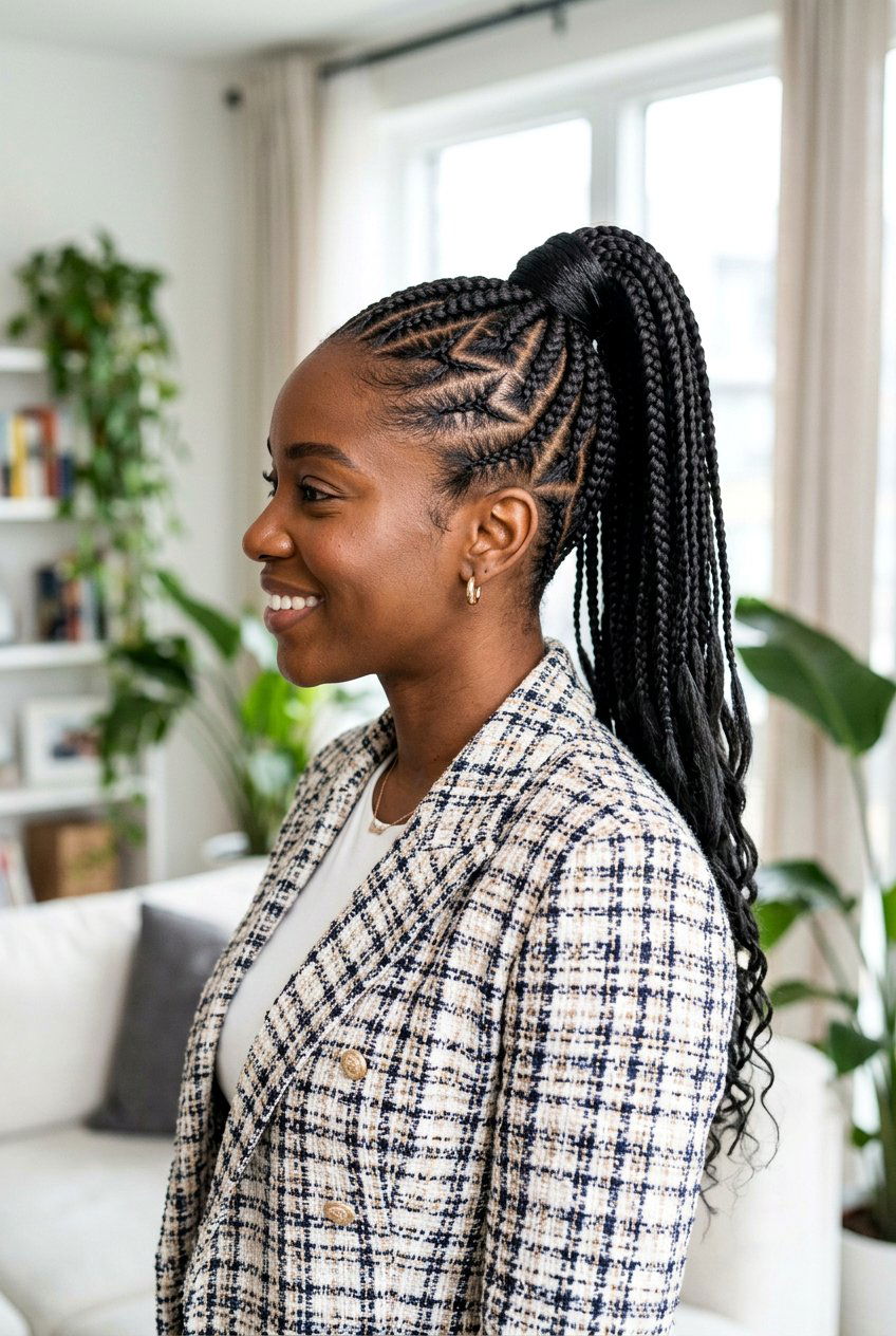 Zig Zag Part Braided Ponytail - 20 black women office braid ponytail styles - 20 black women office braid ponytail styles