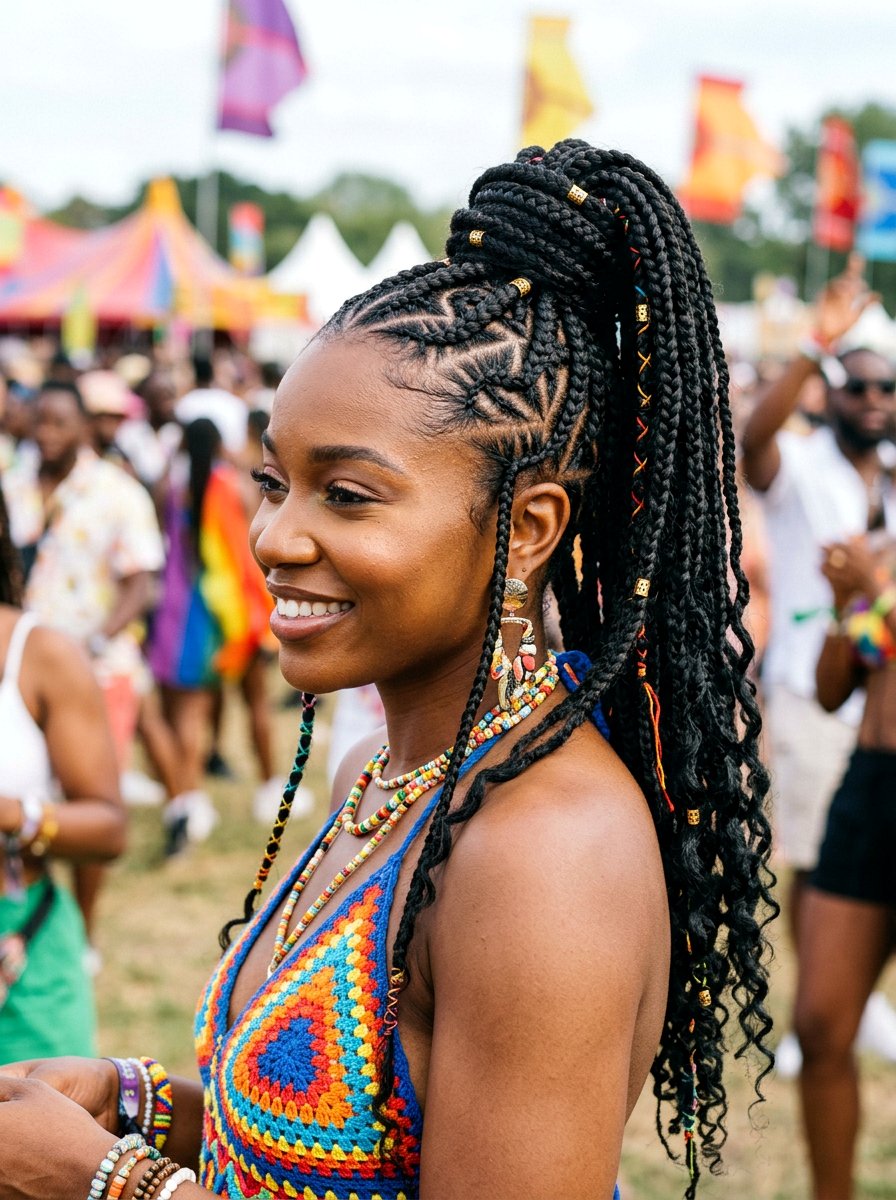 Zig zag stitch braids into ponytail - 20 stitch braids into ponytail - 20 stitch braids into ponytail