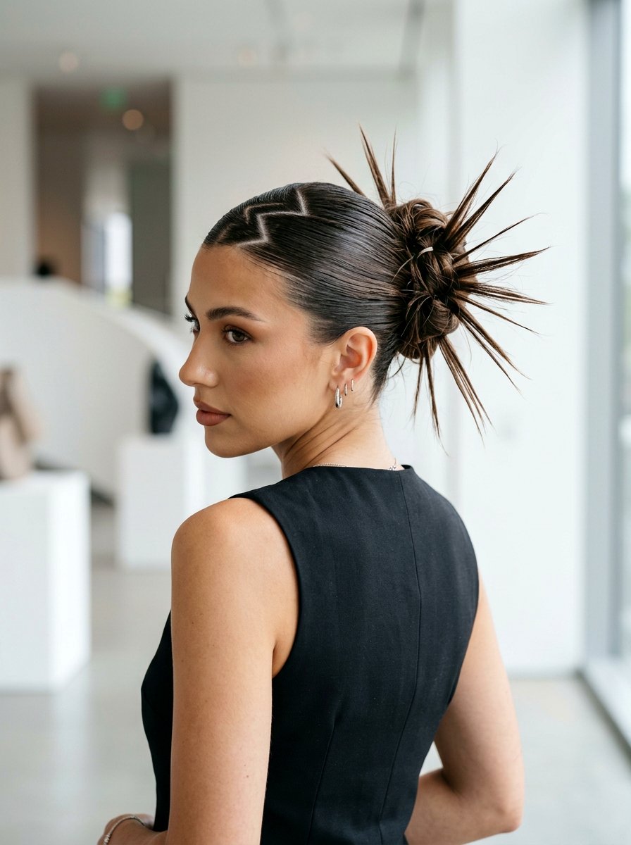Zigzag Part Spiky Bun - 20 y2k spiky bun hairstyle - 20 y2k spiky bun hairstyle