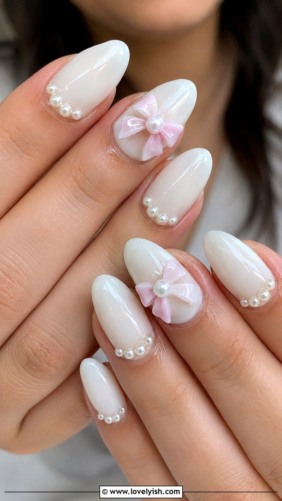 3D Bow and Pearl Gel Nails - 50 3d gel nail art ideas - 50 3d gel nail art ideas