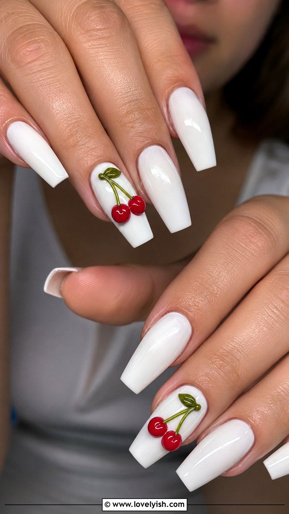 3D Cherry Accent Nails - 37 nails art ideas - 37 nails art ideas