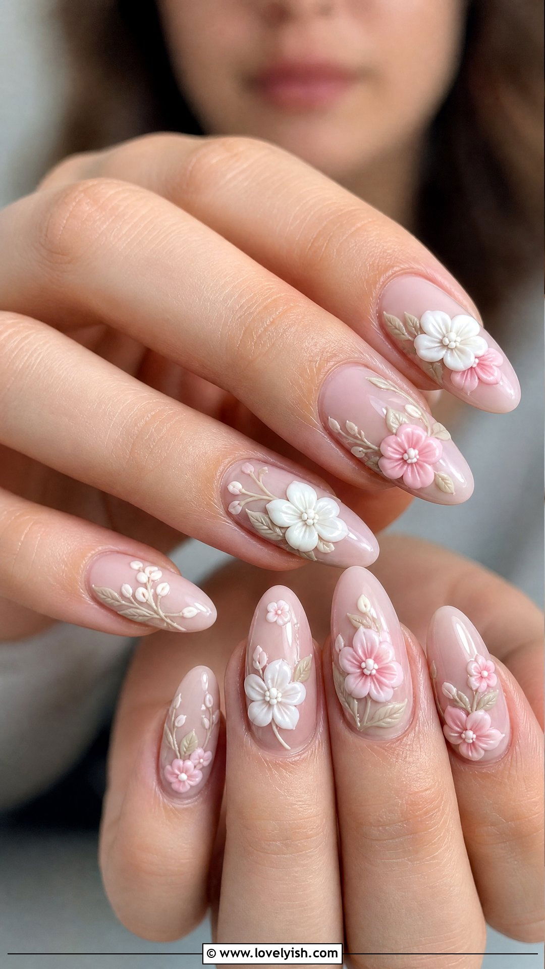 3D Floral Almond Gel X Nails - 50 gel x nails - 50 gel x nails