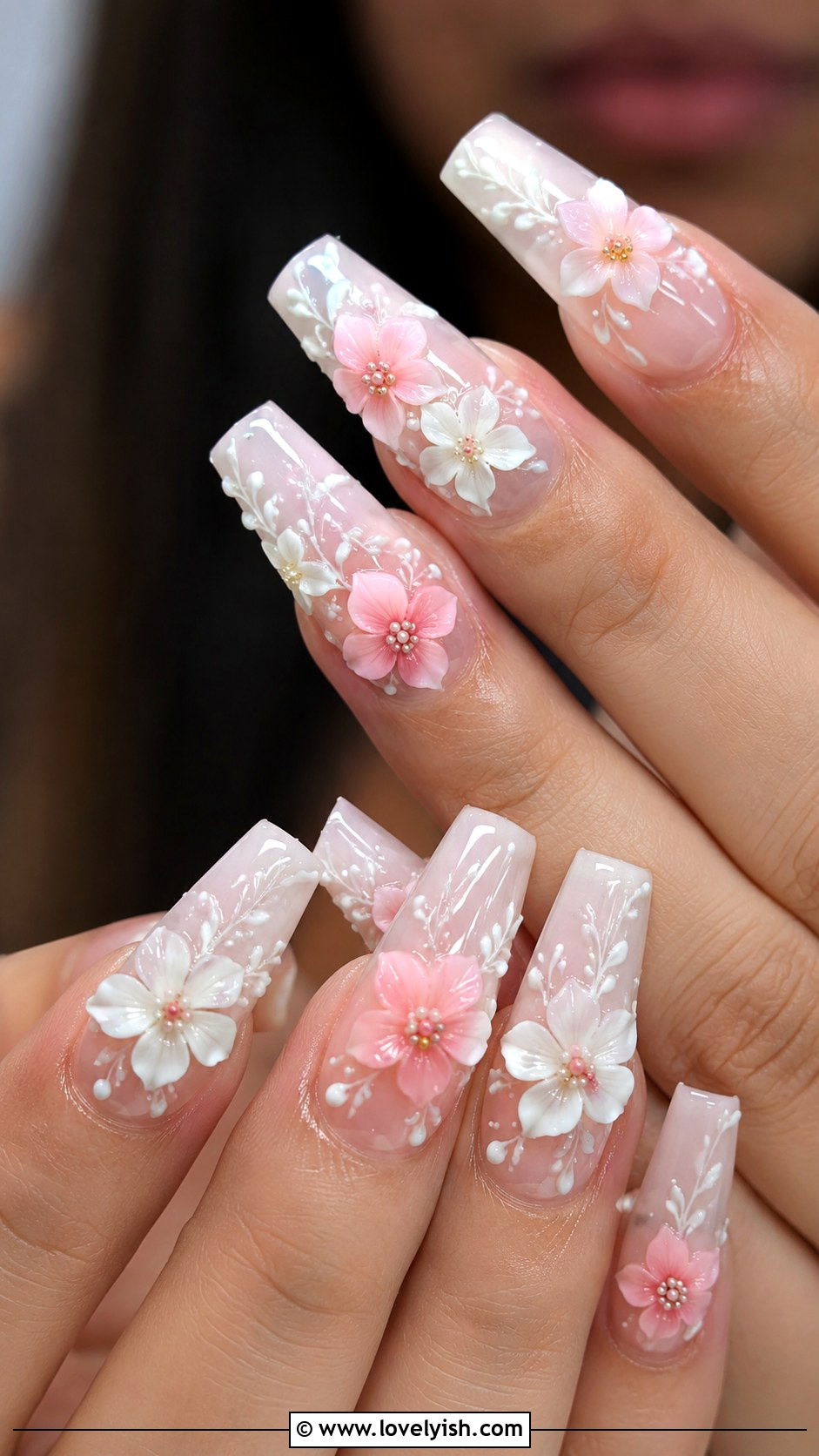 3D Floral Coffin Nail Extensions - 48 nail extensions - 48 nail extensions