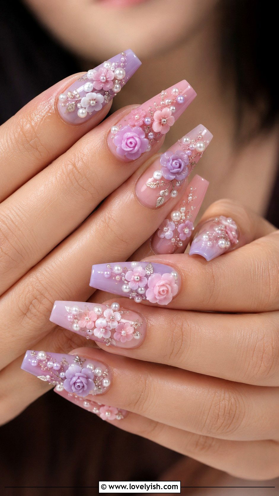 3D Floral Nails With Pearls - 25 trendy nail designs - 25 trendy nail designs