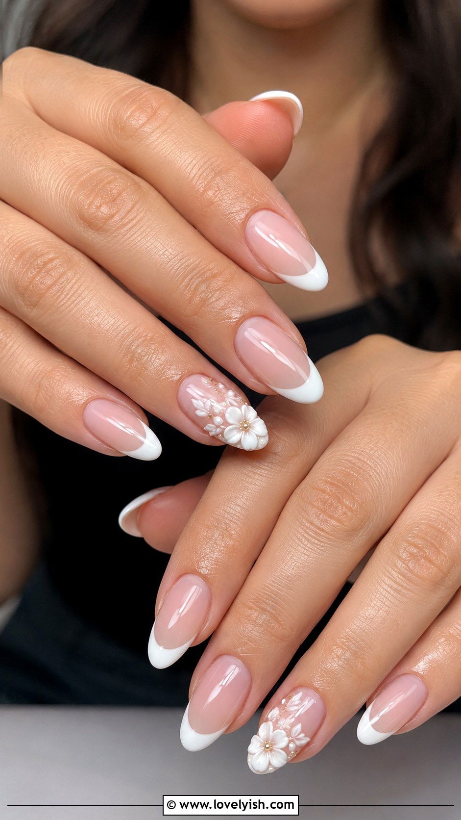 3D Flower French Tip Almond Nails - 50 almond french tip nails - 50 almond french tip nails