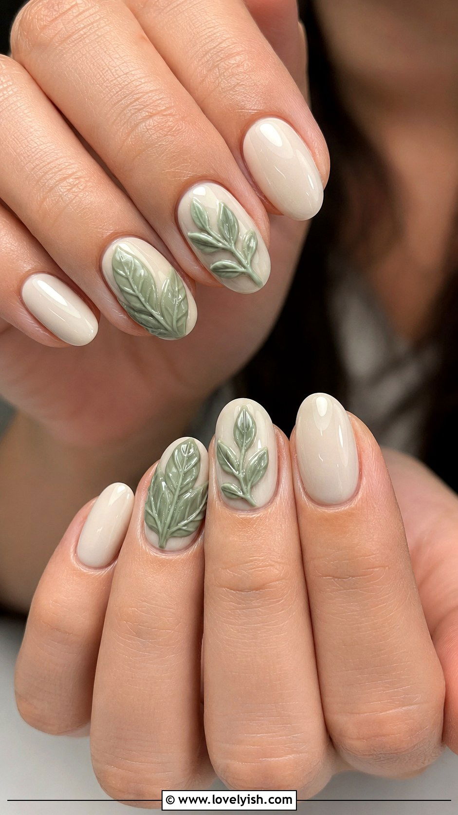 3D Sage Green Leaf Nails - 38 3d nail designs - 38 3d nail designs