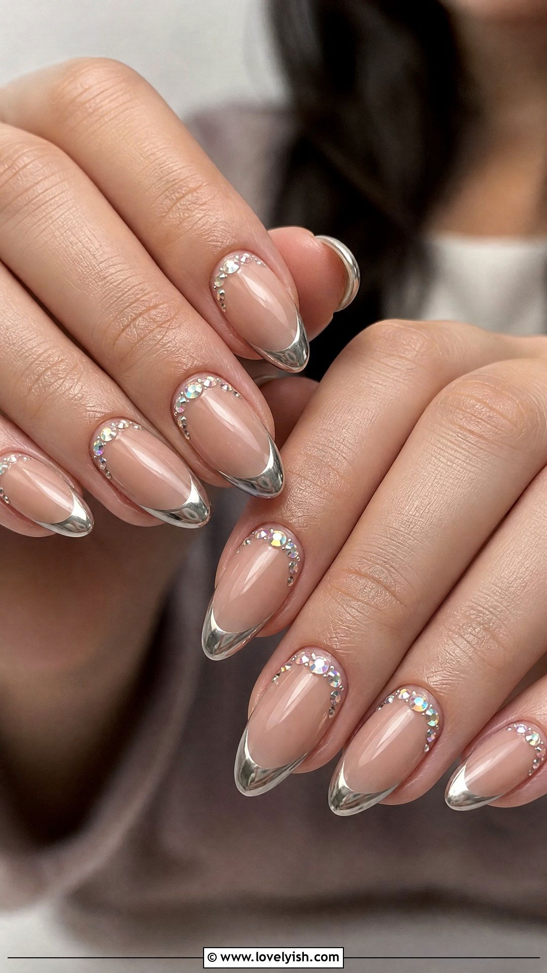 Almond Chrome French Tip Nails with Crystals - 50 chrome french tip nails - 50 chrome french tip nails