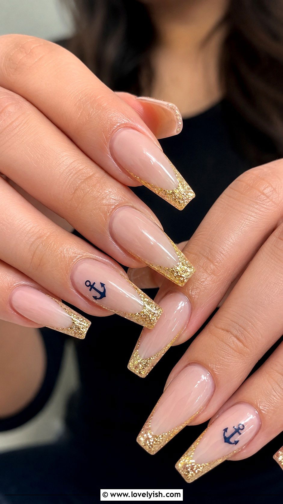 Anchor With Gold Glitter Tips - 50 anchor nail designs - 50 anchor nail designs