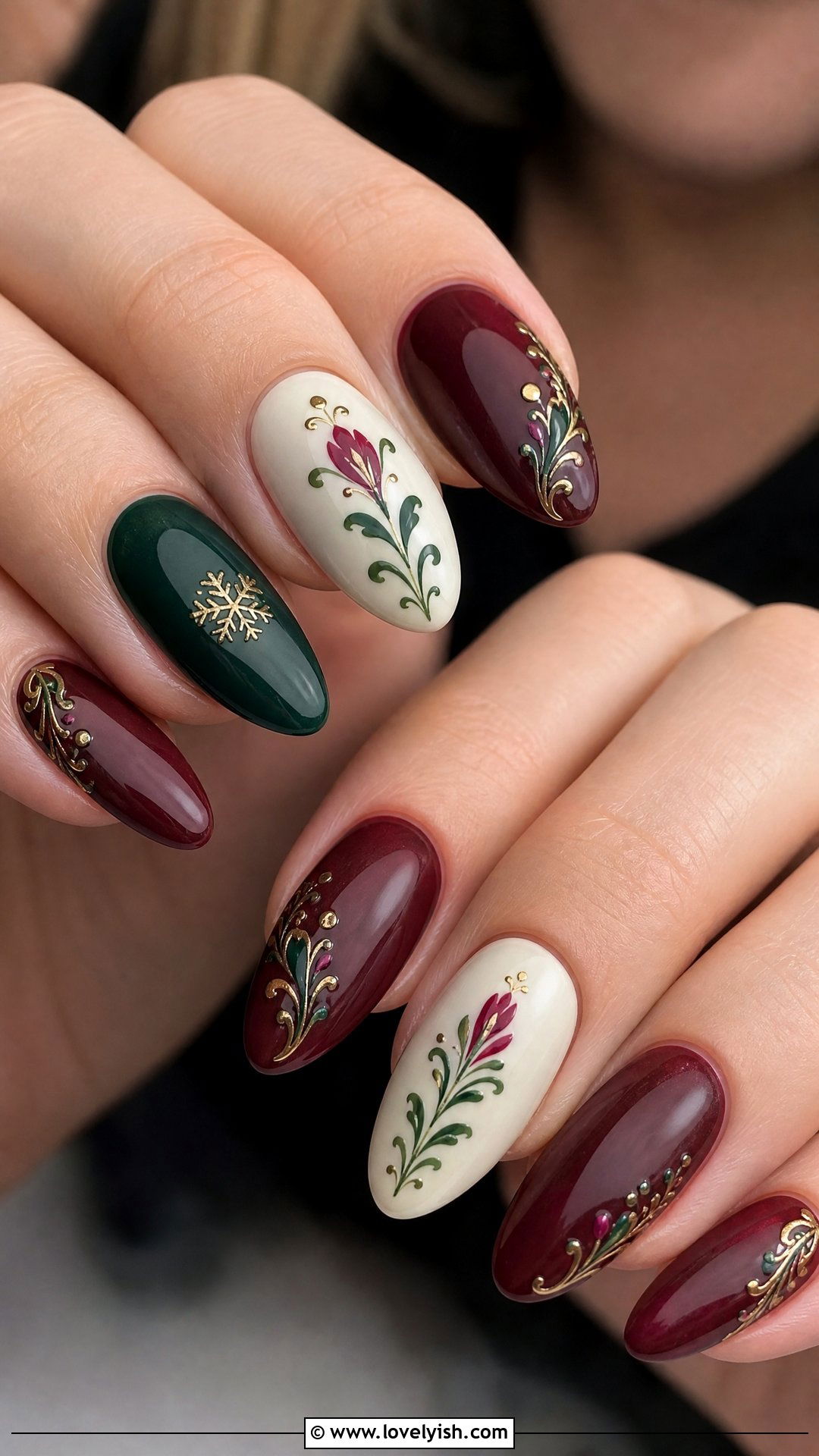 Anna Frozen Burgundy and Green Nails - 50 disney nail designs - 50 disney nail designs