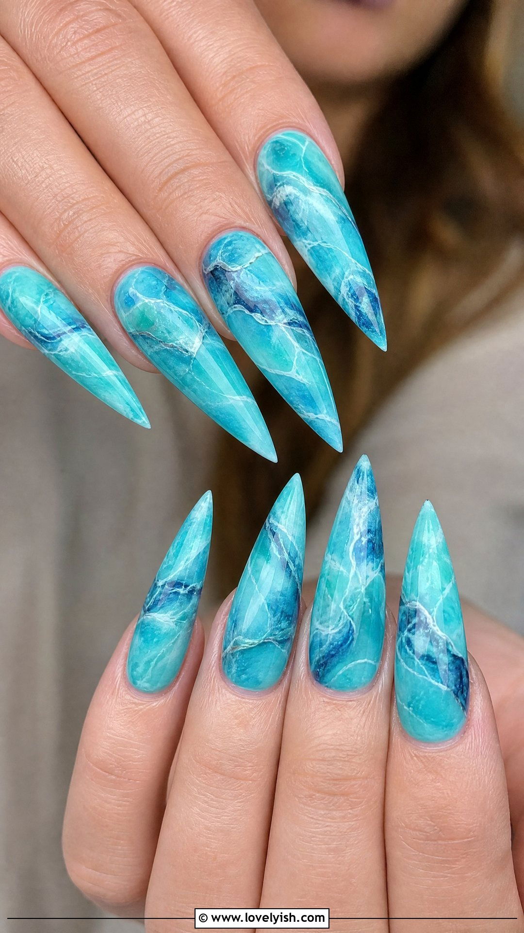 Aqua Blue Marble Long Stiletto Nails - 50 long stiletto nails - 50 long stiletto nails