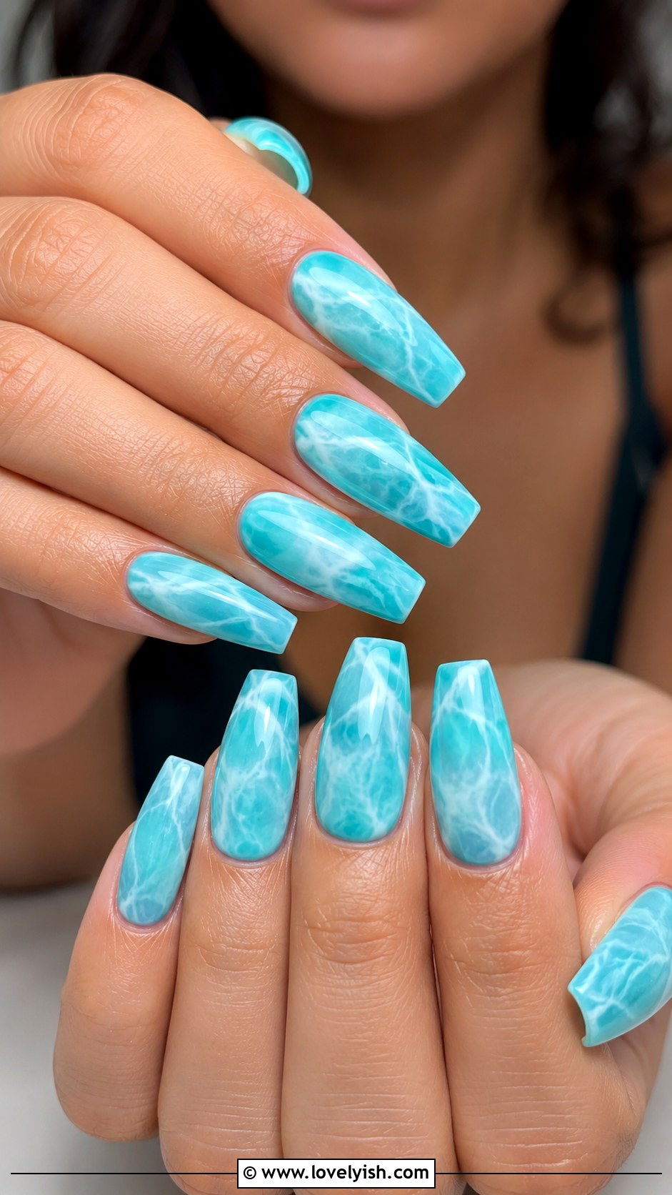 Aqua Blue Marble Nail Extensions - 48 nail extensions - 48 nail extensions